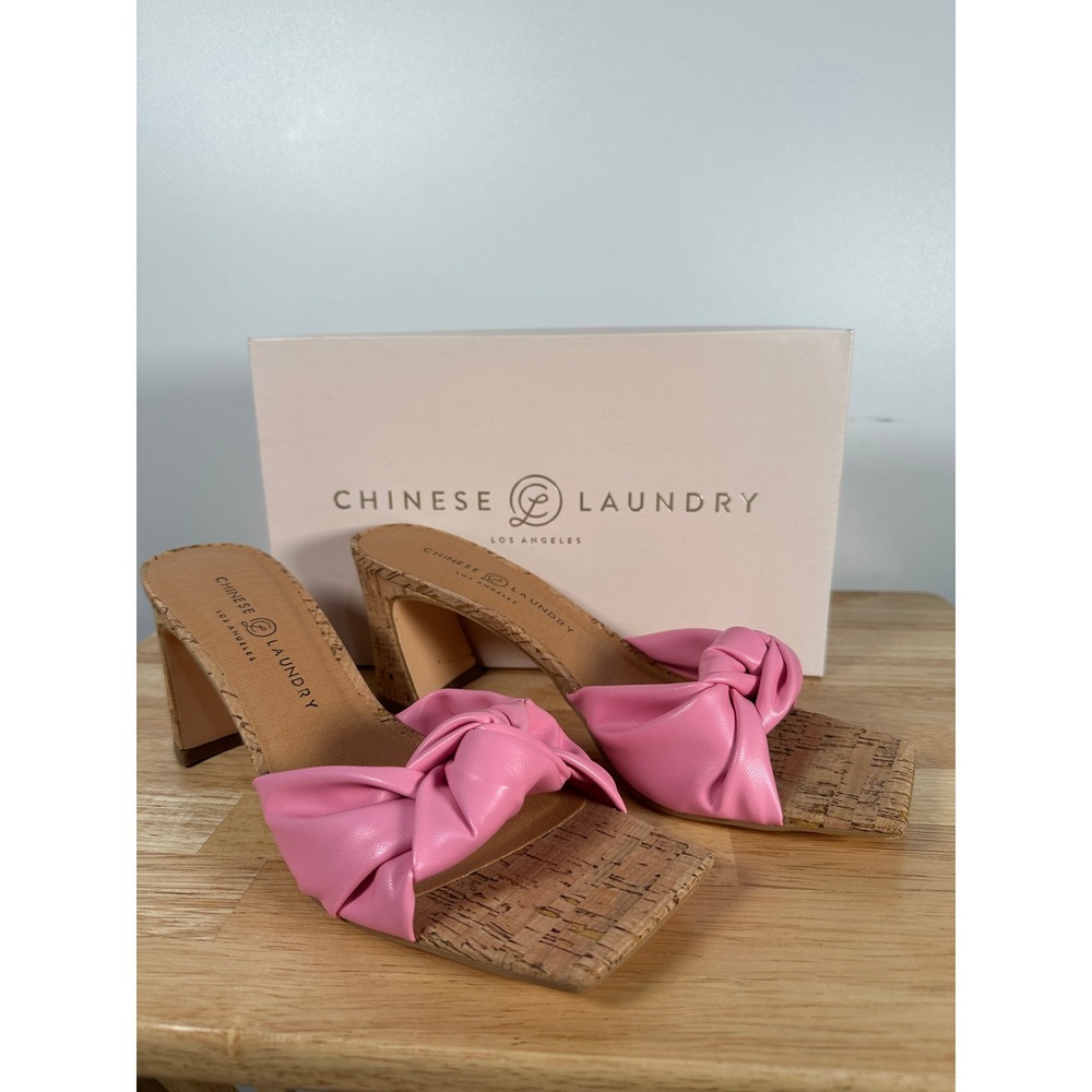 Chinese Laundry Yvonna Pink Knotted Cork Block Heel Square Toe Slide Sandals 9
